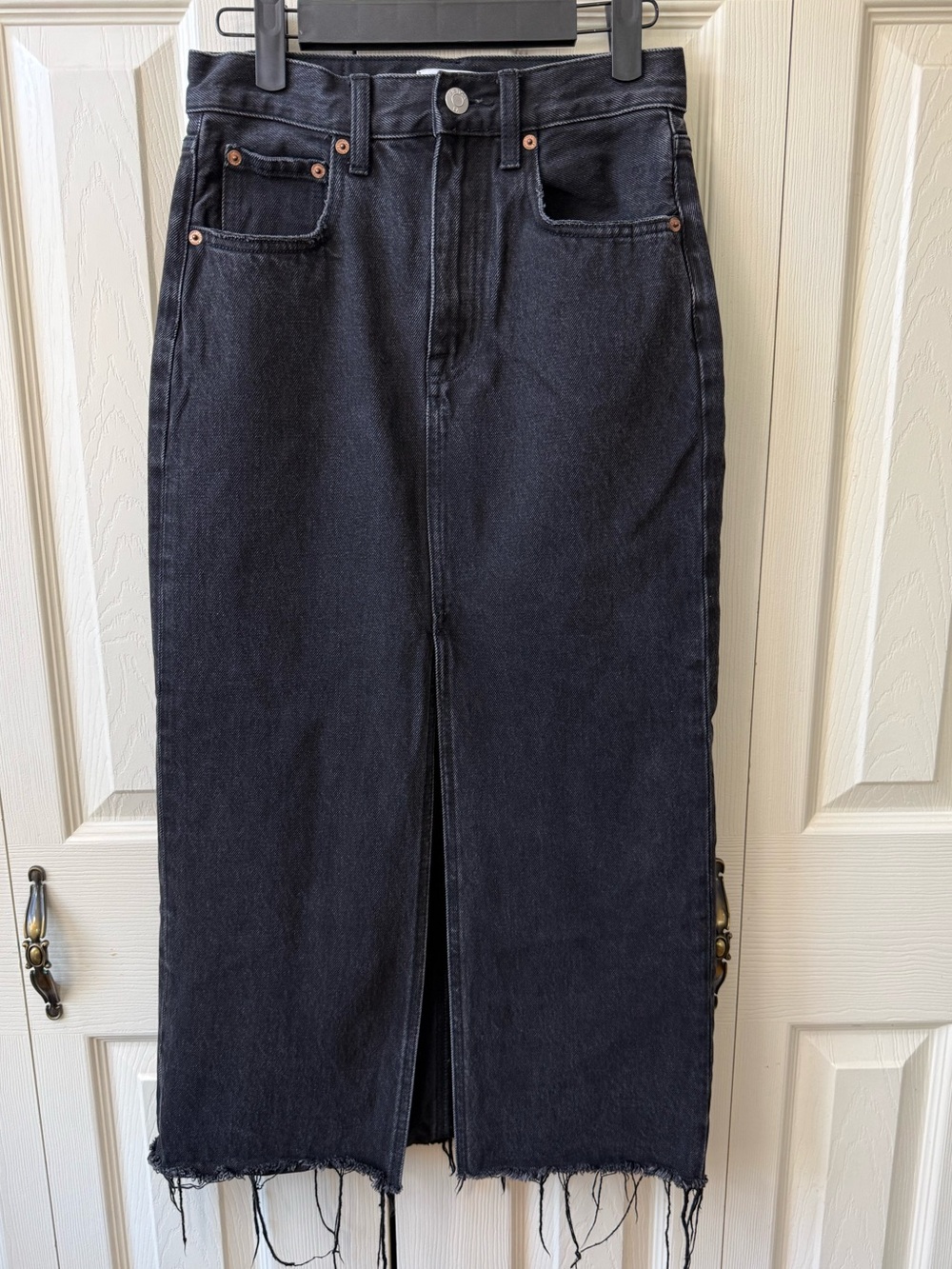PISTOLA Alice High-Rise Denim Midi Skirt Size 24 Underground Black Raw Hem